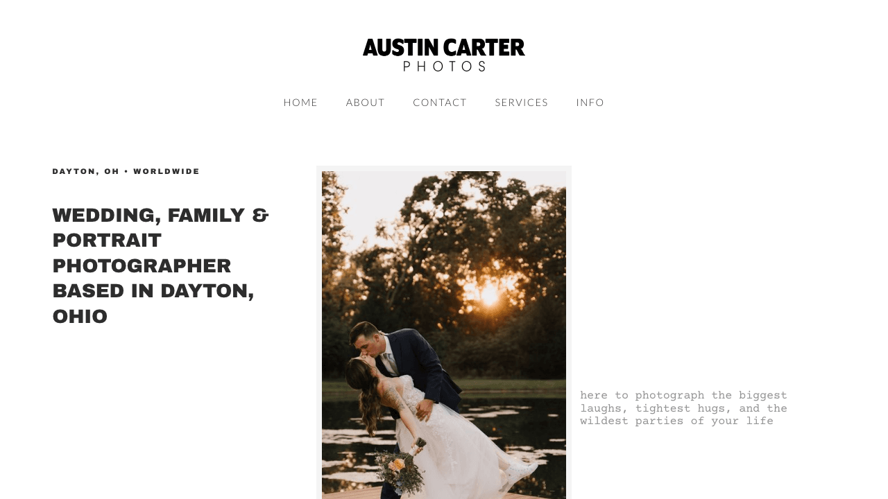 The Austin Carter Photos home page, with the headline Wedding, Family and Portrait Photographer Based in Dayton, Ohio beside a sunset wedding portrait on a lakeside dock.