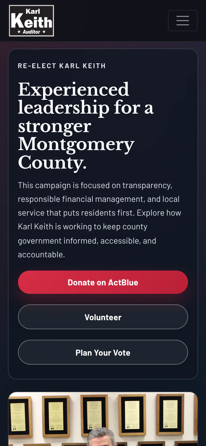 The same home page on a phone: the logo and a menu button above the headline, a short summary, and full width buttons to donate, volunteer, and plan your vote.