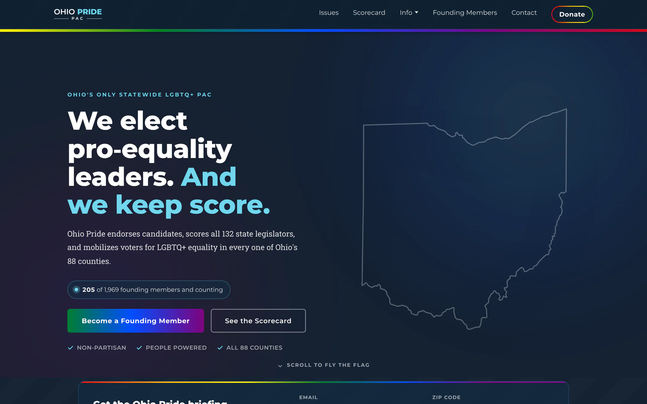 The Ohio Pride home page on a desktop screen: a dark navy page with a rainbow stripe under the navigation, a large two tone headline, a founding member counter, buttons to become a founding member and see the scorecard, and an outline map of Ohio.